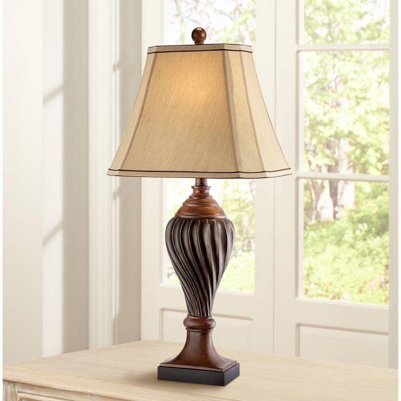 Regency Hill Traditional Table Lamp 28.5" Tall Carved Two Tone Brown Urn Shaped Beige Fabric Shade for Living Room Family Bedroom Bedside, 2 of 10