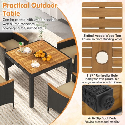 Black and Brown Acacia Wood Rattan Patio Dining Set for Four