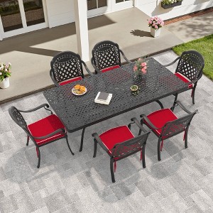 7-Piece Cast Aluminum Outdoor Dining Set: Rectangle Table, Stackable Chairs & Red Cushions - All-Weather Patio Furniture for Your Backyard - 1 of 4