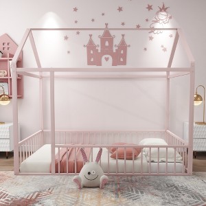 Twin Size Metal House Bed Frame with Safety Fence, Montessori Grounded Bed with Roof Design for Kids/Teens Bedroom, No Box Spring Needed - 1 of 4