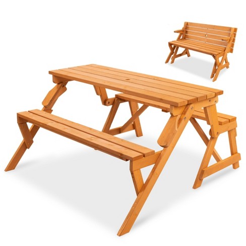 Wooden picnic table that 2024 folds into a bench