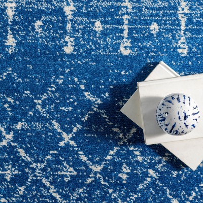 Distressed Moroccan Trellis 4' Square Blue Synthetic Area Rug