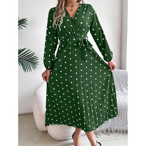 Coolmee Women's Polka Dot Pleated V Neck A Line Fall Semi Formal Long Sleeve Business Casual Flowy Maxi Dress - 1 of 4
