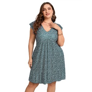 Plus Size Women's Flutter Sleeve High Waist Peplum Babydoll Knee Length Dress - 1 of 4
