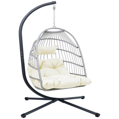 43.3"Patio Wicker Swing Egg Chair Indoor Swinging Chair Outdoor Hammock Egg Chair Off-white