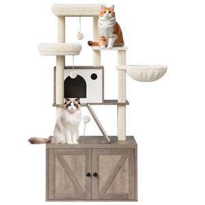 Cat Tree with Hidden Litter Box Enclosure, 2-in-1 Modern Cat Tower Condo with Sisal Scratching Posts Plush Perch Ventilated Design - 1 of 4