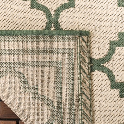 Cream and Green Synthetic Stain-Resistant Indoor/Outdoor Rug
