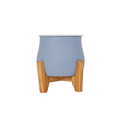 6" Decorative Metal Belle Blue Indoor Planter Pot w/ Footed Wood Stand