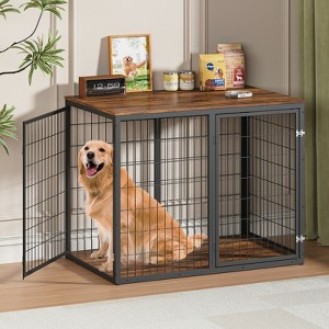 47'' Dog Crate Furniture with 3 Doors, Wooden Dog Cage for Large & Medium Dogs, Rustic Brown End Table Pet House - Nertpow - 1 of 4