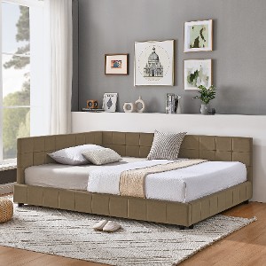 Lyngins Mid-Century Full Daybed Frame, Velvet Upholstered Sofa Bed Frame, Sturdy Eucalyptus Wood, Beds with Headboards, for Bedroom & Living Room - 1 of 4
