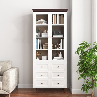 78.7" Tall Bookcase with Glass Doors, Freestanding Corner Curio Display Storage Cabinet, Wooden Kitchen Pantry Cabinet for Living Room Office Kitchen