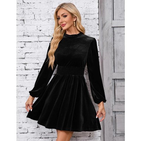 Женские платья Garvee Women's Velvet Dress Elastic Waistline Fall Long Sleeve Wedding Guest Short Wrap Tunic Formal Dress Black Large