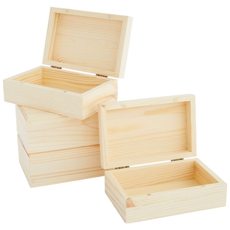 4 Pack Unfinished Natural Wooden Boxes with Hinged Lids for Storing Jewelry, Beads, Coins and Office Supplies, 1 of 10