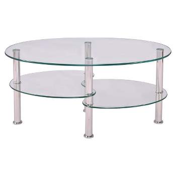 Tangkula Oval Dining Table Tempered Glass Top Tea Table Chrome Base Living Room