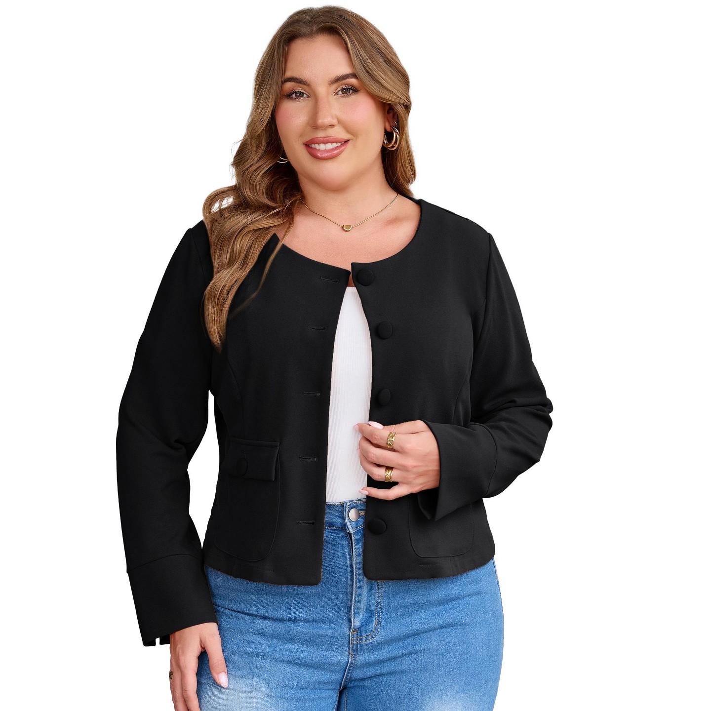 Женская куртка YesFashion Women Plus Size Cropped Jacket Round Neck Button Down Long Sleeve Cuffed Outerwear with Flap Pockets, BLACK,5X, цвет: Чёрный — фото 1
