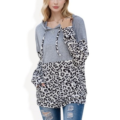 Anna-Kaci Women's Color Block Leopard Print Hoodie with Kangaroo Pocket