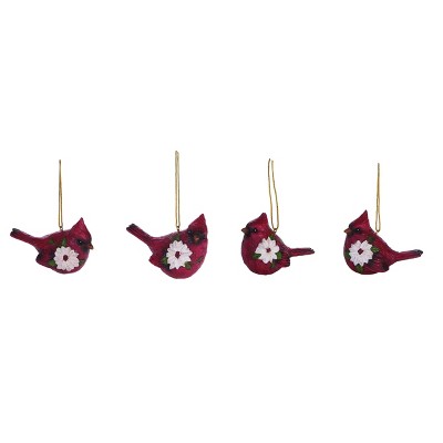 Transpac Resin Poinsettia Cardinal Ornament Set of 4 Red Christmas Tree Decorations for Easy Care Holiday Decor