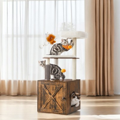 Modern 2-in-1 Cat Tree with Litter Box Enclosure - 52.8-Inch Cat Tower, Cat Condo with Self Groomer, Scratching Posts, Washable Cushions
