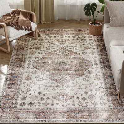 HOMCOM 4x6 Area Rug, Vintage Machine Washable Rug, Non-Slip Distressed Floor Carpet for Living Room, Bedroom, Dining Room, Home Office, Tan