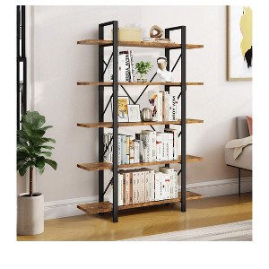 5 Tier Bookshelf Bookcase 5 Shelf Bookcase Industrial Rustic Vintage Open Storage Metal & Wood Bookshelf For Living Room Bedroom Home Office - 1 of 4
