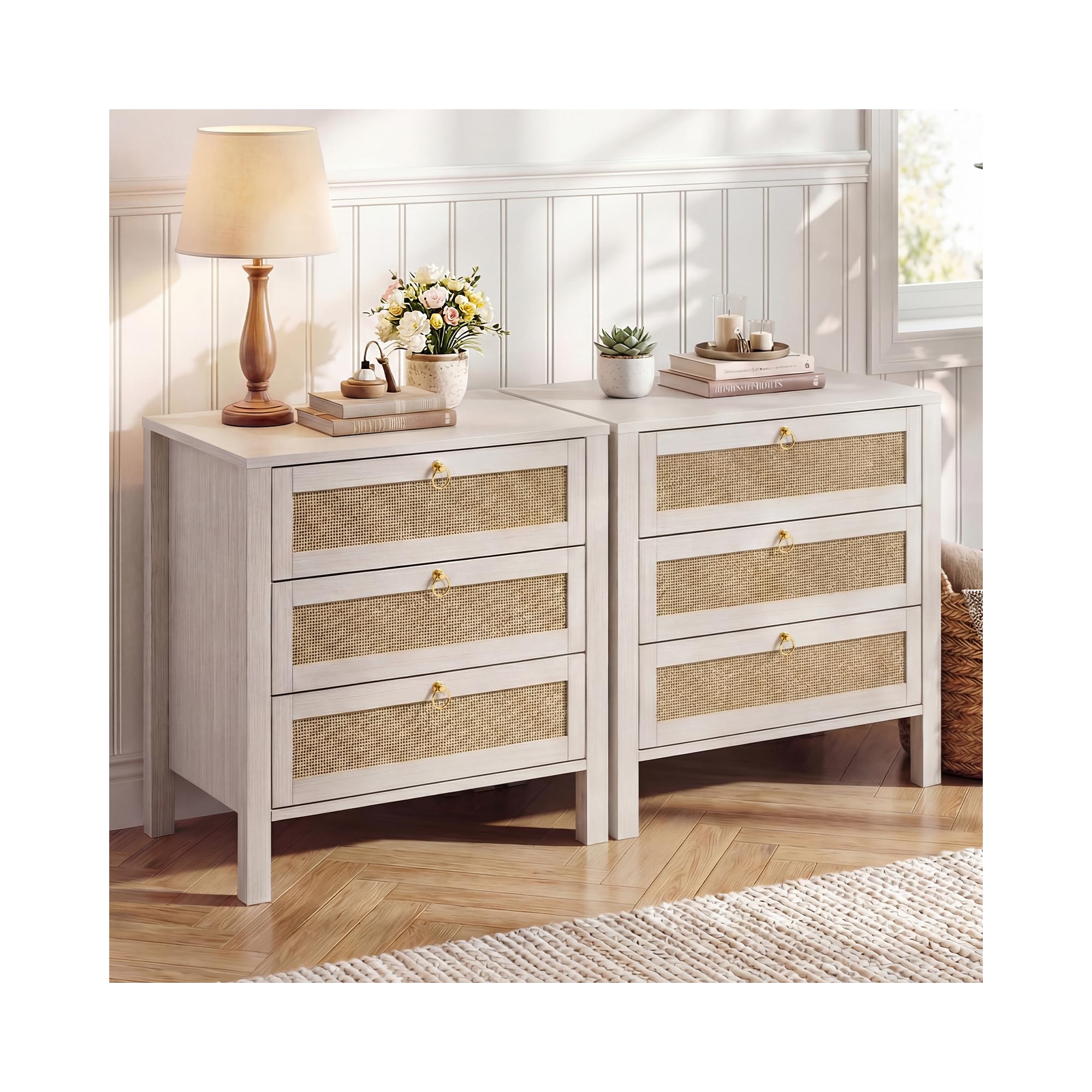 White Nightstand Set of 2, Rattan Bedside Table with Golden Handle, 3 Drawers, Boho Wood Night Stand for Bedroom/Living Room