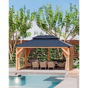 Wood Gazebo, Upgrade Wooden Frame, Double Galvanized Steel Roof, Hardtop Gazebo with Nettings and Curtains for Backyard, Patio, Garden and Lawn - 1 of 4