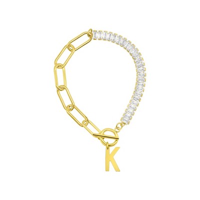 Adornia 14k Gold Plated Half Crystal And Half Paperclip Initial Toggle Bracelet