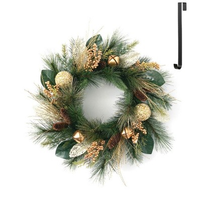 Sullivans Artificial Pine and Bells 24"H Wreath and 14"H Hanger Set, Green and Black