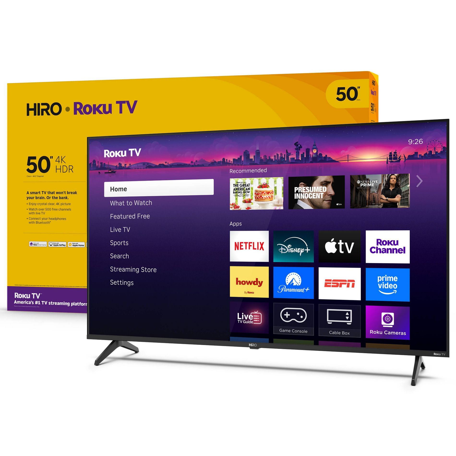 Hiro 4K HDR Smart TV Flat Screen LED Television with Roku TV and Dolby Audio Streaming