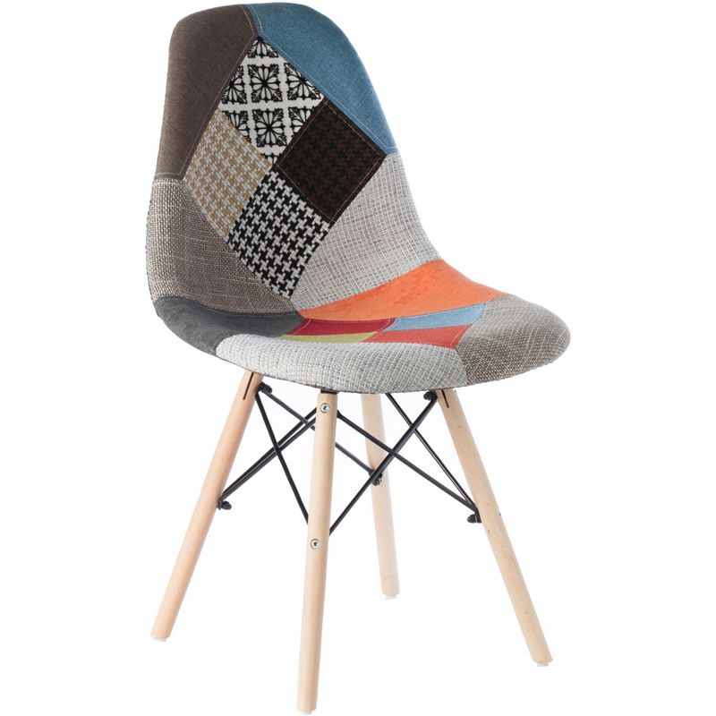 Mid-Century Modern Upholstered Plastic Multicolor Fabric Patchwork DSW Shell Dining Chair with Wooden Dowel Eiffel Legs, 1 of 13