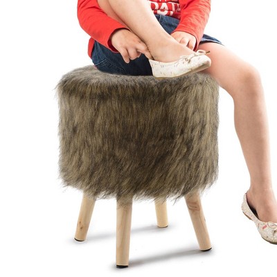 Brown Faux Fur Round Foot Stool with Wooden Legs