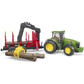 Bruder John Deere 7930 Forestry and Farm Tractor with Logging Trailer, Articulated Crane Arm and 4 Tree Trunks