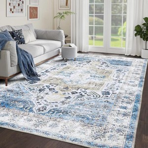Area Rug with Non-Slip Rubber Backing - Washable Low Pile Non-Shedding Carpet Distressed Floor Cover for Living Room Bedroom - 1 of 4