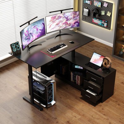 Famapy Gaming Height-Adjustable Desk with Storage & Electric Lift Top,Reversible Left-Right Study/Computer Desk,Sit-Stand Gaming Workstation