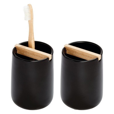 iDesign Toothbrush Holder with Wood Divider - Set of 2 - Matte Black