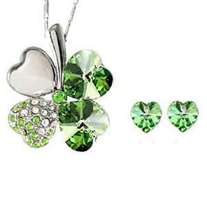 Lucky Sweethearts Gold Plated Crystal Heart Shaped Four Leaf Clover Pendant Necklace and Earrings Jewelry Set - 1 of 1
