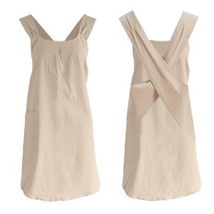 Women Apron - Cotton Linen Solid Color Apron Slip Off Cross-Shoulder Straps Spacious 2 Pockets Anti-Dirt Pinafore Simple Japanese Style or Inspired - 1 of 4