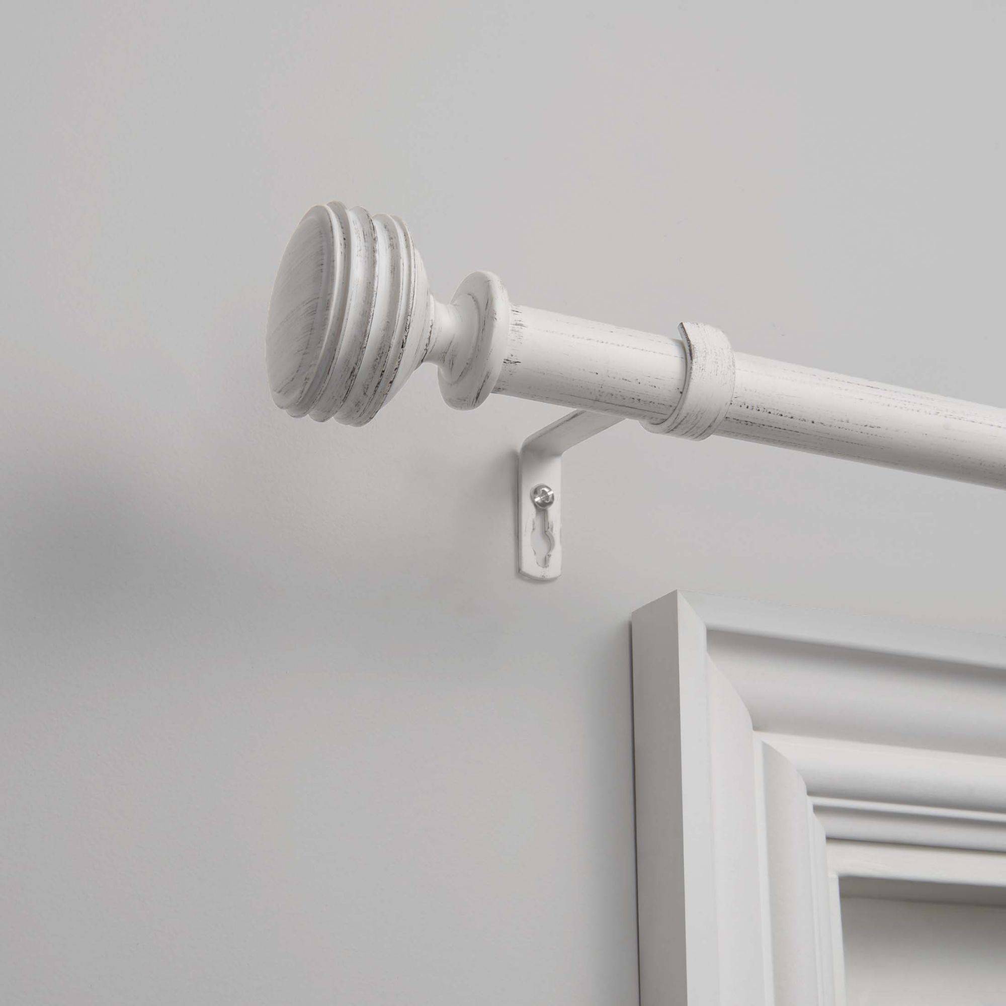 Exclusive Home 36"-72" Duke Curtain Rod - Distressed White: Iron, Single Rod, 25 lb Capacity, Rounded Cap Finial