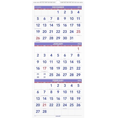 Undated Wall Calendar 3 Month Reference 12"x27" Vertical - At-A-Glance