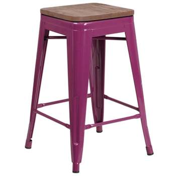 Merrick Lane Backless Metal Dining Stool with Wooden Seat for Indoor Use