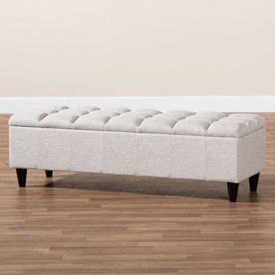 Beige Tufted Fabric Storage Bench with Dark Wood Legs