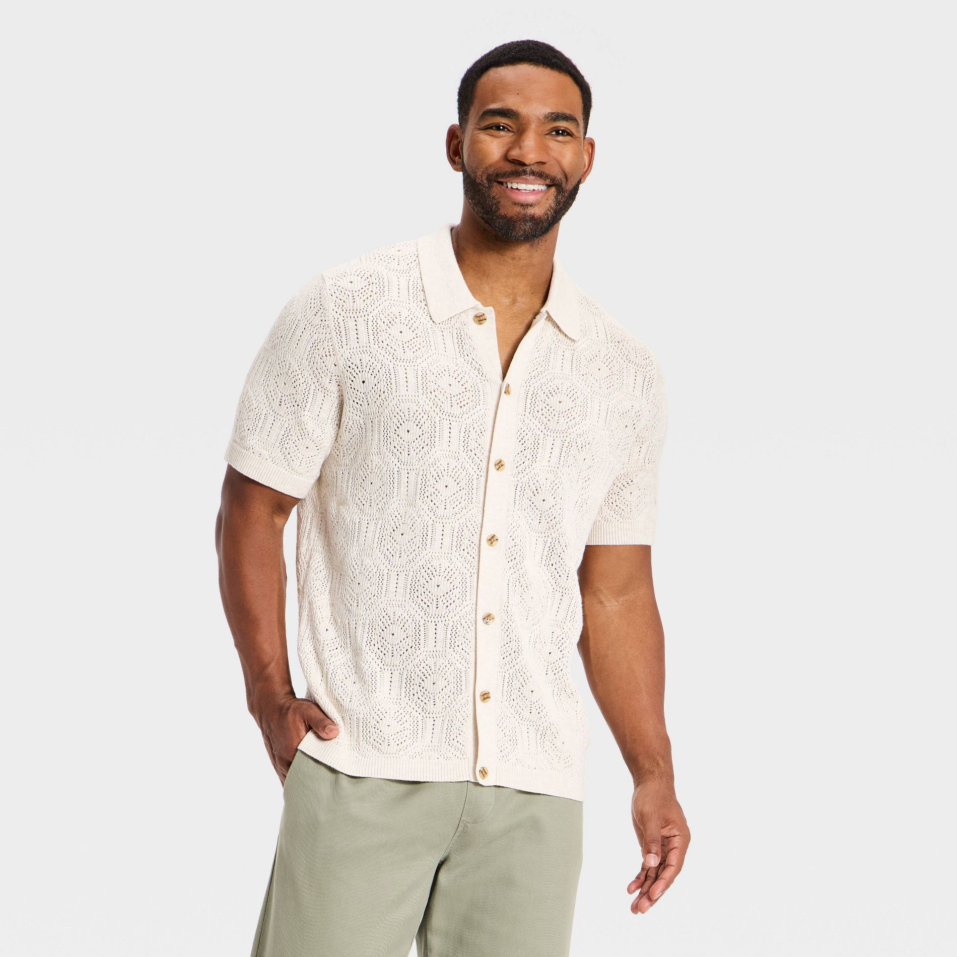 Men's Short Sleeve Open Work Crochet Polo Sweater - Goodfellow & Co™