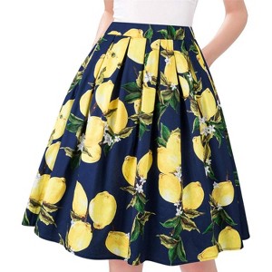 Vintage A-Line Pleated Skirt for Women - Midi Length High Waist Flowy Retro Skirt Navy Lemon - 1 of 4