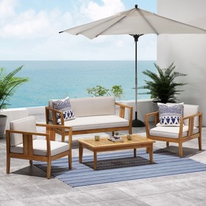 Christopher Knight Home Ted Outdoor 4 Piece Acacia Wood Chat Set with Cushions and Slatted Coffee Table - 1 of 4