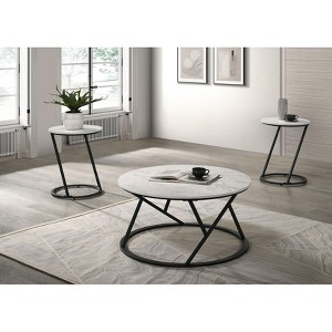 34" Round White Wood Coffee Table Set with Black Metal Base, 3 Piece Living Room Center and End Tables-3irtyhousy - 1 of 4