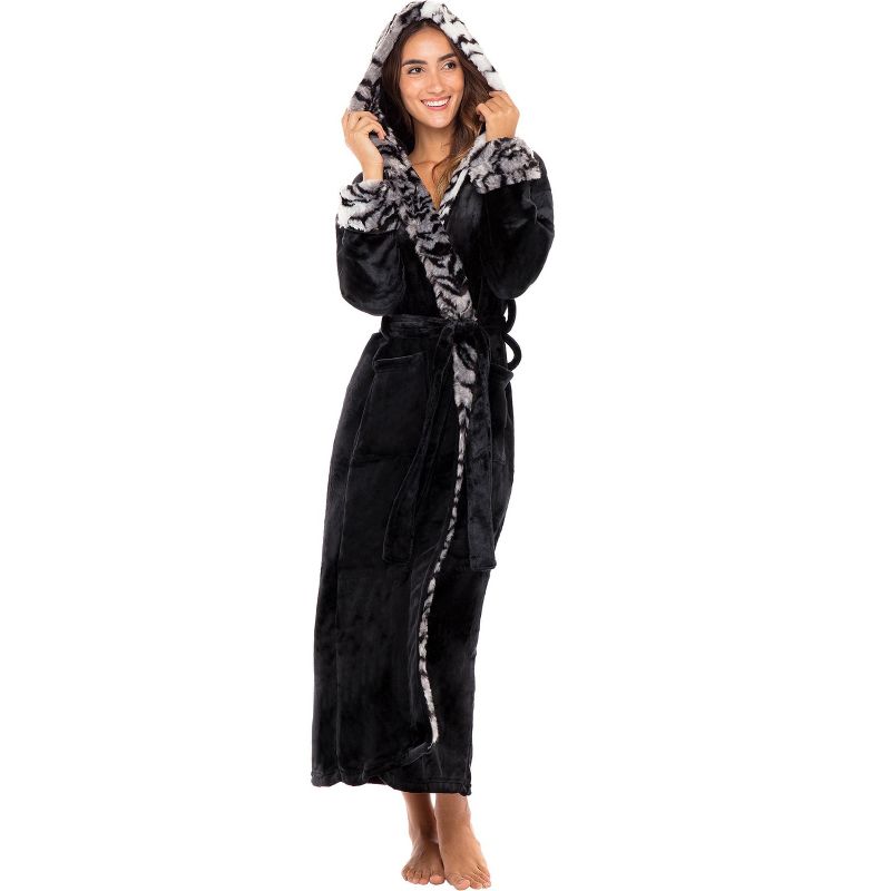 Women's Faux Fur Feather Hooded Robe, Soft Plush Fleece Bathrobe with Hood, 1 of 6