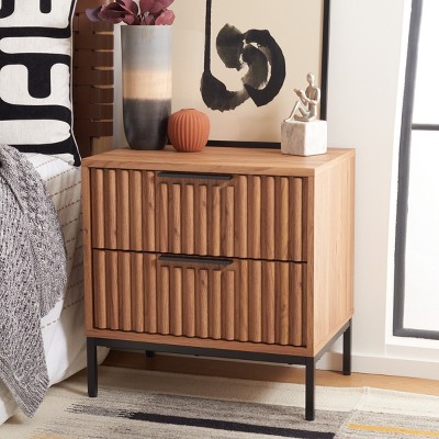 Oak and Black 2-Drawer Fluted Nightstand with Cone Legs