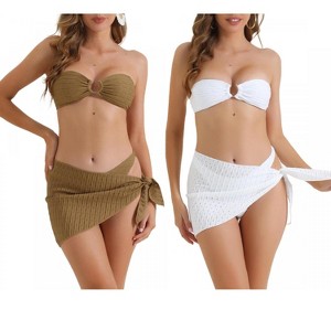 INSPIRE CHIC Women's O Ring Bandeau Ribbed Triangle Bottoms with Cover Up Bottoms Swimwear Bathing Bikini Suits 2 Sets - 1 of 4