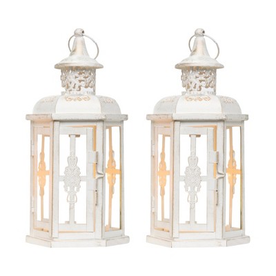 HomeRoots Set of Two White And Gold Glass And Metal Filigree Tabletop Lantern Candle Holders