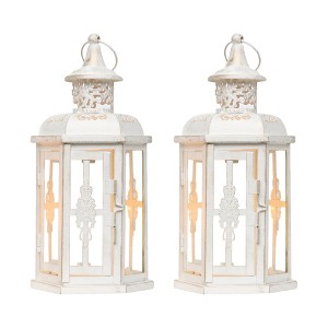 HomeRoots Set of Two White And Gold Glass And Metal Filigree Tabletop Lantern Candle Holders - 1 of 4